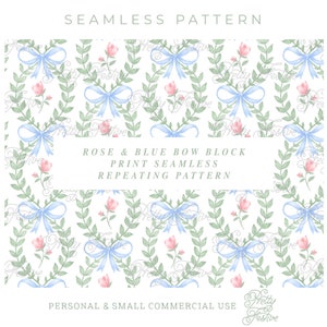 Blue Bow & Rose Scallop Trellis Block Print Preppy Seamless Repeating Pattern File Heirloom Pattern for fabric, personalized stationery 065