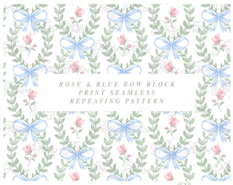 Blue Bow & Rose Scallop Trellis Block Print Preppy Seamless Repeating Pattern File Heirloom Pattern for fabric, personalized stationery 065