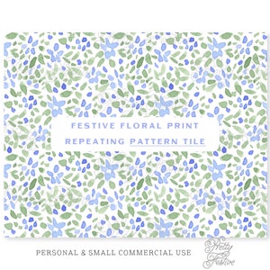 Ditsy Blue Christmas Floral Seamless Repeating Pattern Tile, Fabric Print, Christmas Block Print Christmas Ditsy, Preppy Winter Repeat 079