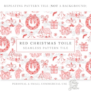 May include: Red and white Christmas themed seamless pattern tile featuring illustrations of wreaths, candy canes, houses, snowmen, bells, stockings, and gift boxes. The text "RED CHRISTMAS TOILE SEAMLESS PATTERN TILE" is displayed in a red rectangle.