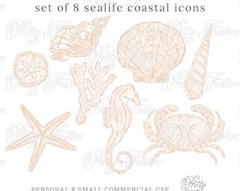 Sea Shell Clipart Set in Sand Color, Preppy Watercolor SeaShells Designs, Coastal Grandma, Grandmillennial notecards, monogram gifts 178