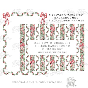 Red Christmas Scalloped Frame & Background Set 5x7, holly berries, ribbon printable patterned background, christmas cards stationery 139