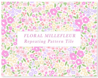 Könnte beinhalten: Eine nahtlose, sich wiederholende Musterfliese mit einem floralen Millefleurs-Design. Das Muster besteht aus kleinen rosa, gelben und lila Blüten auf weißem Hintergrund.