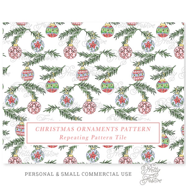 Christmas Bauble and Fir Garland Swags Seamless Repeating Pattern, Christmas Ornaments Fabric Print, Gift Wrap Preppy Grand Millennial 145