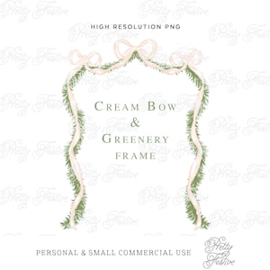 Magnolia Christmas Ribbon and Pine Swags & Bows Clipart Design, Grandmilennial Border Frame, 5x7 Photo Holiday cards, Gift tags 074
