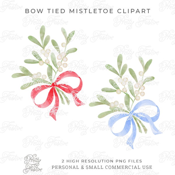 2 Preppy Christmas Mistletoe & Bow Clipart Graphics, Hand Drawn Christmas Botanicals with red and blue ribbon, sublimation design 091