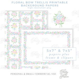 Watercolor Floral Trellis Bouquet Bow 7x5 printable background & clipart set, floral frame, patterned paper, Preppy Grandmillenial style 126