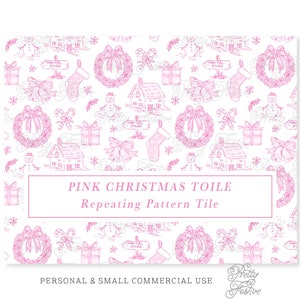 Pink Christmas Toile Seamless Pattern, Preppy Repeating Pattern, Christmas Cottage, Snowman, Wreath, Stocking, Pink Grandmillennial 139