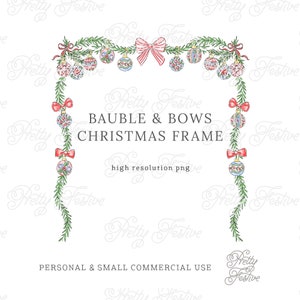 Christmas Baubles & Bows Frame, Grand Millennial Watercolor spruce ornaments, Red Bows Border for Christmas Cards, Monogram Stationery 145