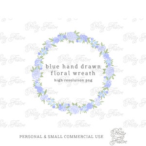 Blue Hydrangea Wildflower Floral Wreath clipart png, Blue nantucket watercolour flower border frame for printables, stationery, monogram 049