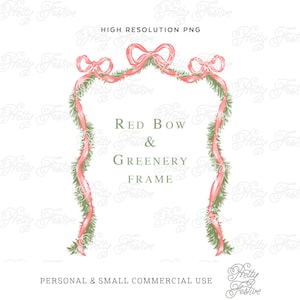 Red Christmas Bows & Fir Swags Ribbon, Grandmilennial Border Clipart Frame, 5x7 Personalised Photo Holiday cards, Monogram Stationery 074