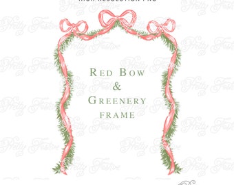 Red Christmas Bows & Fir Swags Ribbon, Grandmilennial Border Clipart Frame, 5x7 Personalised Photo Holiday cards, Monogram Stationery 074