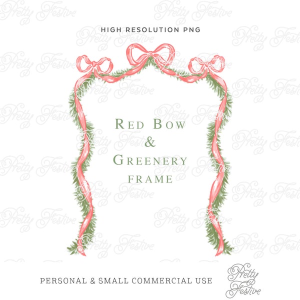 Red Christmas Bows & Fir Swags Ribbon, Grandmilennial Border Clipart Frame, 5x7 Personalised Photo Holiday cards, Monogram Stationery 074