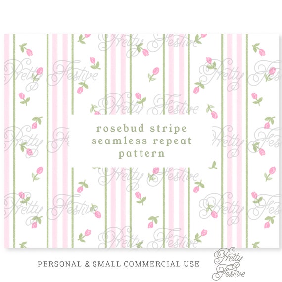 Rosebud Stripe Seamless Repeating Pattern, Cottagecore pattern, grandmillenial wallpaper stripe digital jpeg, fabric printing, dollhouse 061