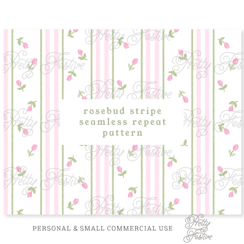May include: A seamless repeat pattern featuring pink and green stripes with small pink rosebuds scattered throughout. The text "rosebud stripe seamless repeat pattern" is centered on the image.