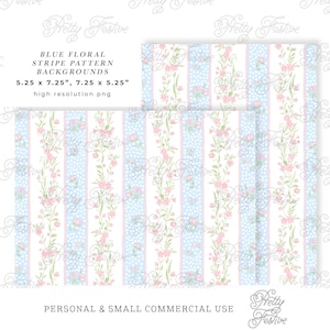 Pink & Blue Watercolor Ditsy Climbing Floral Printable Background Paper 7x5, rose stripe pattern digital design, preppy grand millennial 120