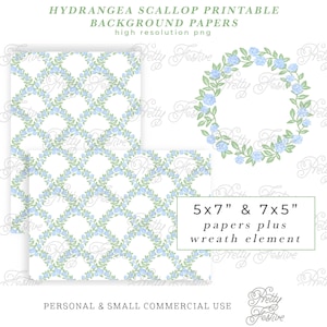 Puede incluir: Dos diseños de papel digital con fondo blanco y un patrón repetitivo de flores de hortensias azules y hojas verdes. Los diseños tienen forma de vieira. También hay un elemento de corona con flores de hortensias azules y hojas verdes. El texto "5x7" y "7x5" está incluido en la imagen. El texto "papeles más elemento de corona" también está incluido en la imagen. El texto "USO PERSONAL Y COMERCIAL PEQUEÑO" está incluido en la imagen.