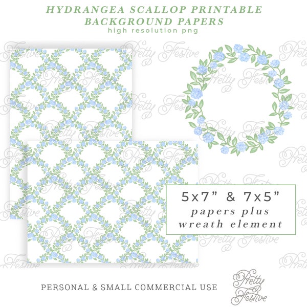 Chinoiserie Blue Hydrangea 7x5, watercolor blue & white printable wreath digital background pattern, Preppy Grand Millennial style 112