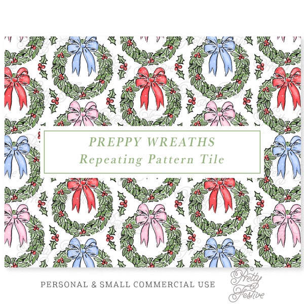 Blue Christmas Preppy Repeating Pattern, Christmas Cottage, Snowman, Wreath, Stocking, Gifts Seamless, Fabric Print Grandmillennial 139