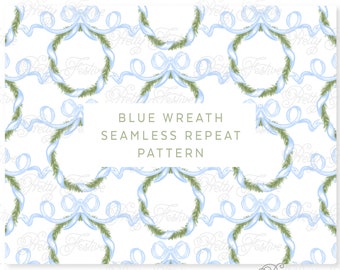 Christmas Blue Ribbon Wreath Seamless Repeating Pattern, Chinoiserie Christmas Patter, Preppy Grandmillenial style, Gift wrap  075