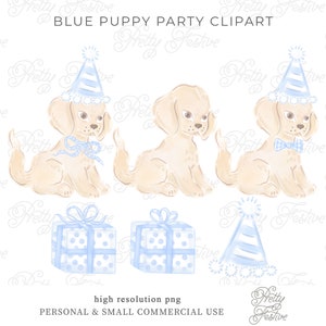 Grandmillenial Puppy Pawty Watercolor Clipart , Blue Gingham Bow, Party Hat & Gift png for Personalized Invites Cute Boys Doggy Party  067
