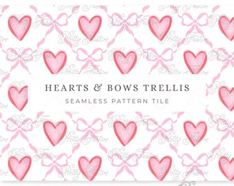 Watercolor Valentines Love Heart Bow Trellis Floral Hearts Repeating Seamless Pattern Tile Block Print Pattern 166