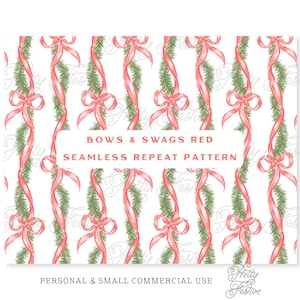 Red Christmas Bows & Swags Ribbon Repeating Pattern, Grandmilennial Christmas Clipart Design, Chinoiserie Pattern, Fabric Print Pattern 074