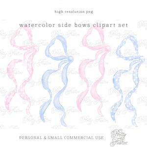 Pastel Blue Pink Side Bows Watercolour Ribbons & Bow clipart, Handpainted Grandmillenial Bows and Ribbon png design, birth announcement 116