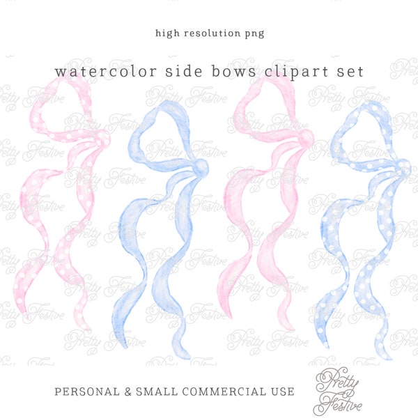 Pastel Blue Pink Side Bows Watercolour Ribbons & Bow clipart, Handpainted Grandmillenial Bows and Ribbon png design, birth announcement 116