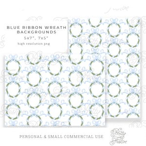 Watercolor Blue Bow Wreath Patterned Printable 7x5 Digital Background Papers, Chinoiserie Christmas, Preppy Grandmillenial style 075