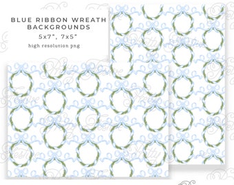 Watercolor Blue Bow Wreath Patterned Printable 7x5 Digital Background Papers, Chinoiserie Christmas, Preppy Grandmillenial style 075