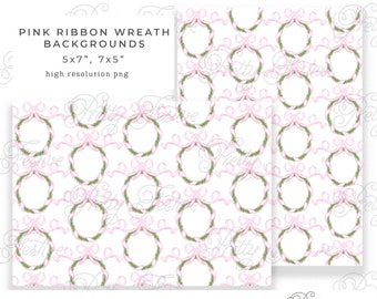 Pink Christmas Bow & Ribbon Wreath Pattern Printable 7x5 Digital Papers, Chinoiserie Christmas, Preppy Grandmillenial style 075