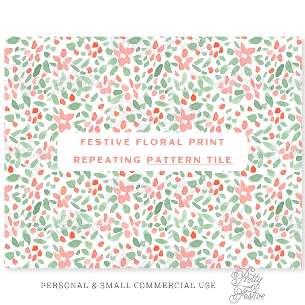 Christmas Red Floral Ditsy Seamless Repeating Pattern Tile, Fabric Print, Traditional Christmas Block Print, Preppy Winter Repeat 079