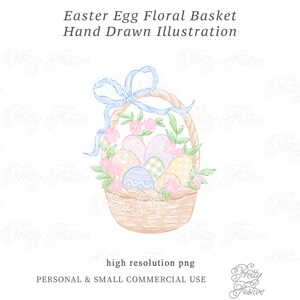Puede incluir: Ilustración en acuarela de una cesta de Pascua llena de huevos decorados y flores. La cesta es de color marrón claro con una cinta azul atada en un lazo. Los huevos son de colores pastel con varios diseños. El texto dice "Easter Egg Floral Basket Hand Drawn Illustration".