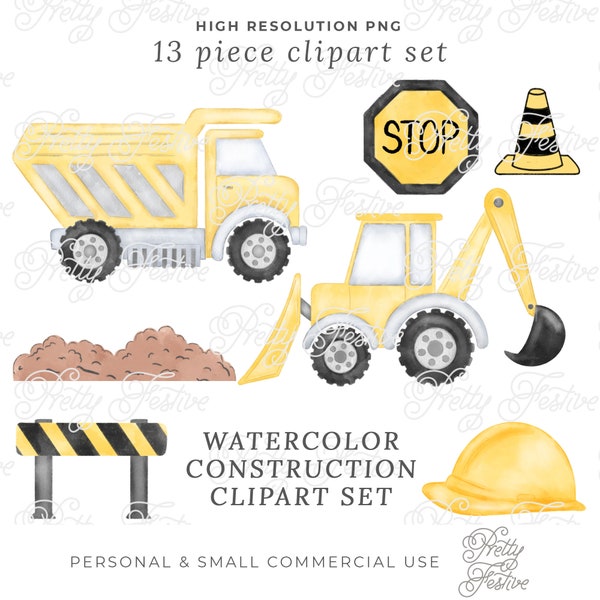 Watercolor Construction Vehicles Preppy Clipart, Cute Digger Dump Truck Party Illustrations for little boys invitation grandmillenial 132