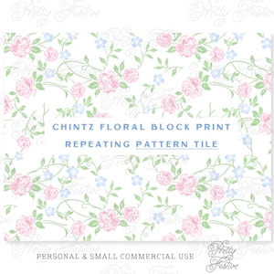 Pink and Blue Floral Chintz Trellis Block Print Seamless, Repeating Pattern File, Heirloom Pattern for fabric, personalized stationery 093