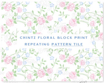 Pink and Blue Floral Chintz Trellis Block Print Seamless, Repeating Pattern File, Heirloom Pattern for fabric, personalized stationery 093