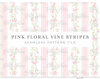 May include: A repeating pattern tile featuring pink floral vine stripes. The design includes vertical stripes in pink and light green, with delicate pink floral vines. The text "PINK FLORAL VINE STRIPES" and "SEAMLESS PATTERN TILE" are displayed.
