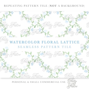 Könnte beinhalten: Eine nahtlose Musterfliese mit einem Aquarell-Blumen-Gitterdesign. Das Muster besteht aus zarten blauen Blüten und grünen Ranken. Der Text "Pretty Festive" wird im gesamten Design wiederholt.