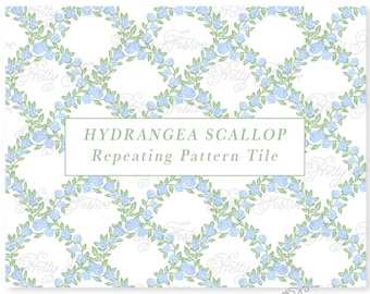 Hydrangea Trellis Scalloped Seamless Pattern Tile, Blue Floral Scallop Repeat Fabric Print png, Cottagecore, preppy grandmillennial 112
