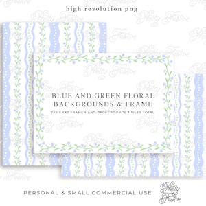 Blue & Green Floral Block Print background printable with Frame 7x5, Watercolor Blue Green Floral Border Design, Preppy Grandmillenial 171