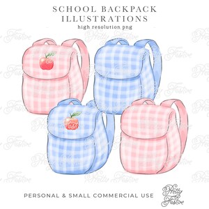 Preppy School Bag Backpack set of 4 illustrations,First Day of School, Grandmillennial Heirloom, Teacher Gifts, monogram stationery 156