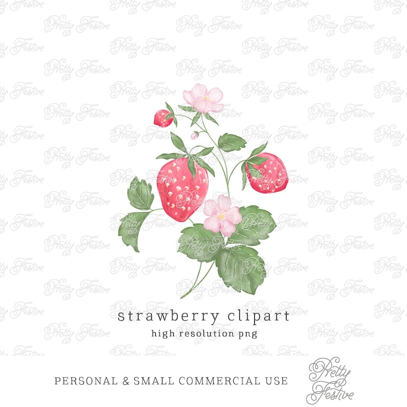 May include: Watercolor illustration of a strawberry plant with three red strawberries, green leaves, and pink flowers. The text "strawberry clipart" and "high resolution png" is below the plant. The text "PERSONAL & SMALL COMMERCIAL USE" is below the text. The text "Pretty Festive" is below the text.