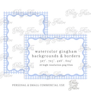 5x7" printable Blue Gingham Watercolor Border card template, 6x4", printable patterned background for invitations to print at home 042