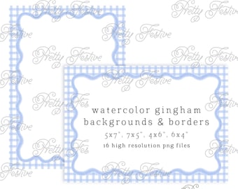 5x7&quot; printable Blue Gingham Watercolor Border card template, 6x4&quot;, printable patterned background for invitations to print at home 042