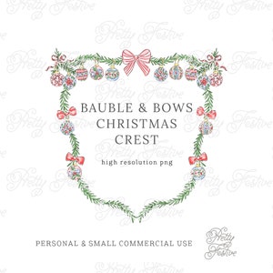 Christmas Crest Baubles & Bows Frame, Grand Millennial Wreath, Watercolor ornaments and Red Bows, Christmas Cards, Monogram Stationery 145