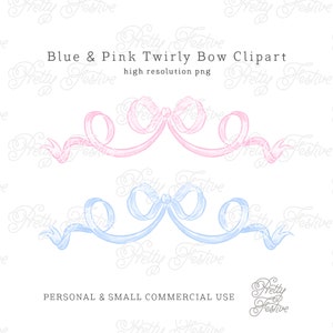 Pink and Blue Twirly Bow Clipart, Watercolor Baby Bows clipart png, Ribbon design, Grandmillennial Bow, invites, monogram 075