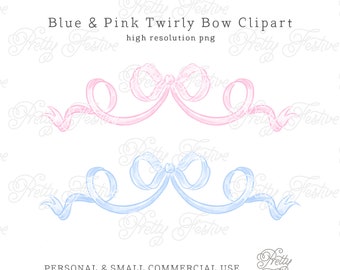 Pink and Blue Twirly Bow Clipart, Watercolor Baby Bows clipart png, Ribbon design, Grandmillennial Bow, invites, monogram 075