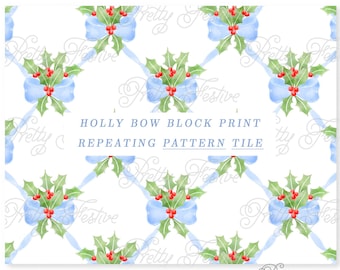 Blue Christmas Bow & Holly Lattice Seamless Repeat Pattern File jpeg, Christmas Bow Fabric Print, for backgrounds, printables, gifts 100