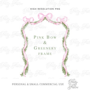 Pink Christmas Bow & Swag Ribbon, Preppy Boxwood Bow Border Clipart Frame, 5x7 Personalised Photo Holiday cards, Monogram Stationery 074